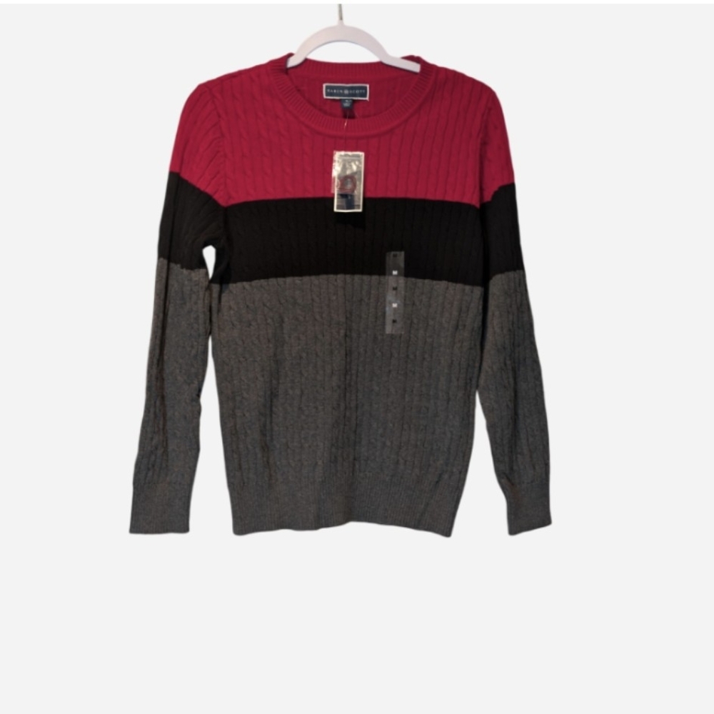 Karen Scott Colorblock Cable Knit Sweater - Red, Black, and Gray - Picture 2 of 7